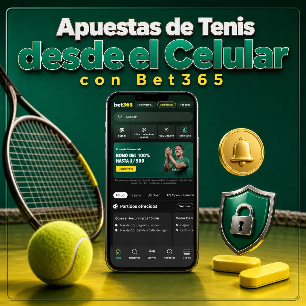 Apuestas de tenis en vivo desde el celular con Bet365, con acceso rápido a partidos y marcador actualizado set por set