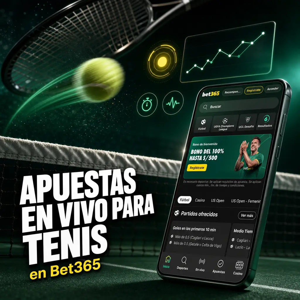 Marcador en vivo de tenis en Bet365 con cuotas actualizadas por set y juego en la sección In-Play