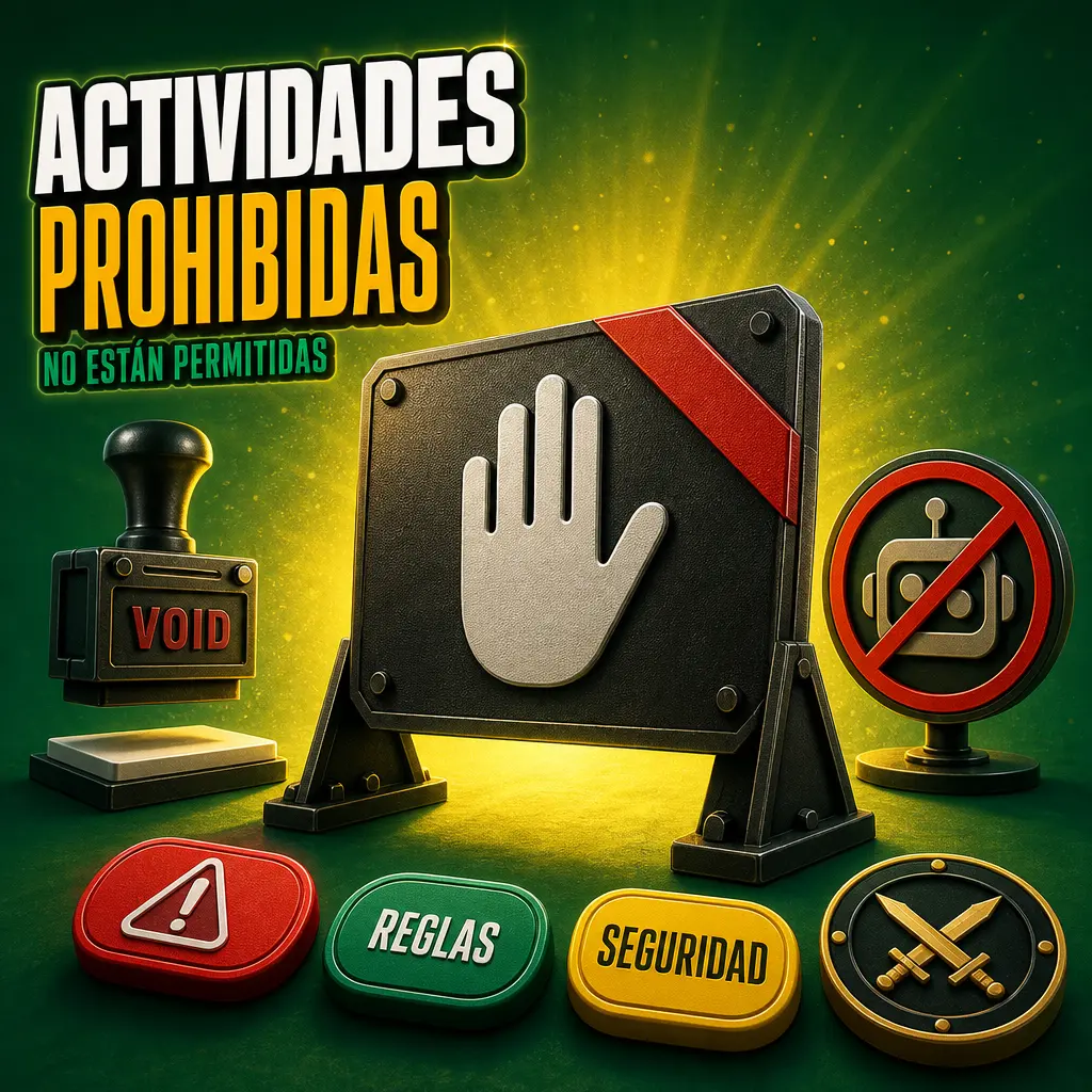 Icono de advertencia sobre actividades prohibidas: bots, amaño de partidos, colusión y fraude en el casino online.