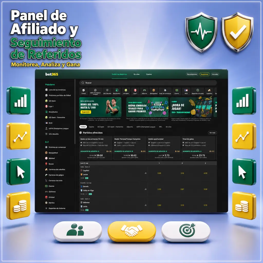 Panel de afiliado Bet365 con seguimiento de clics, registros, depósitos y comisiones por jugador referido