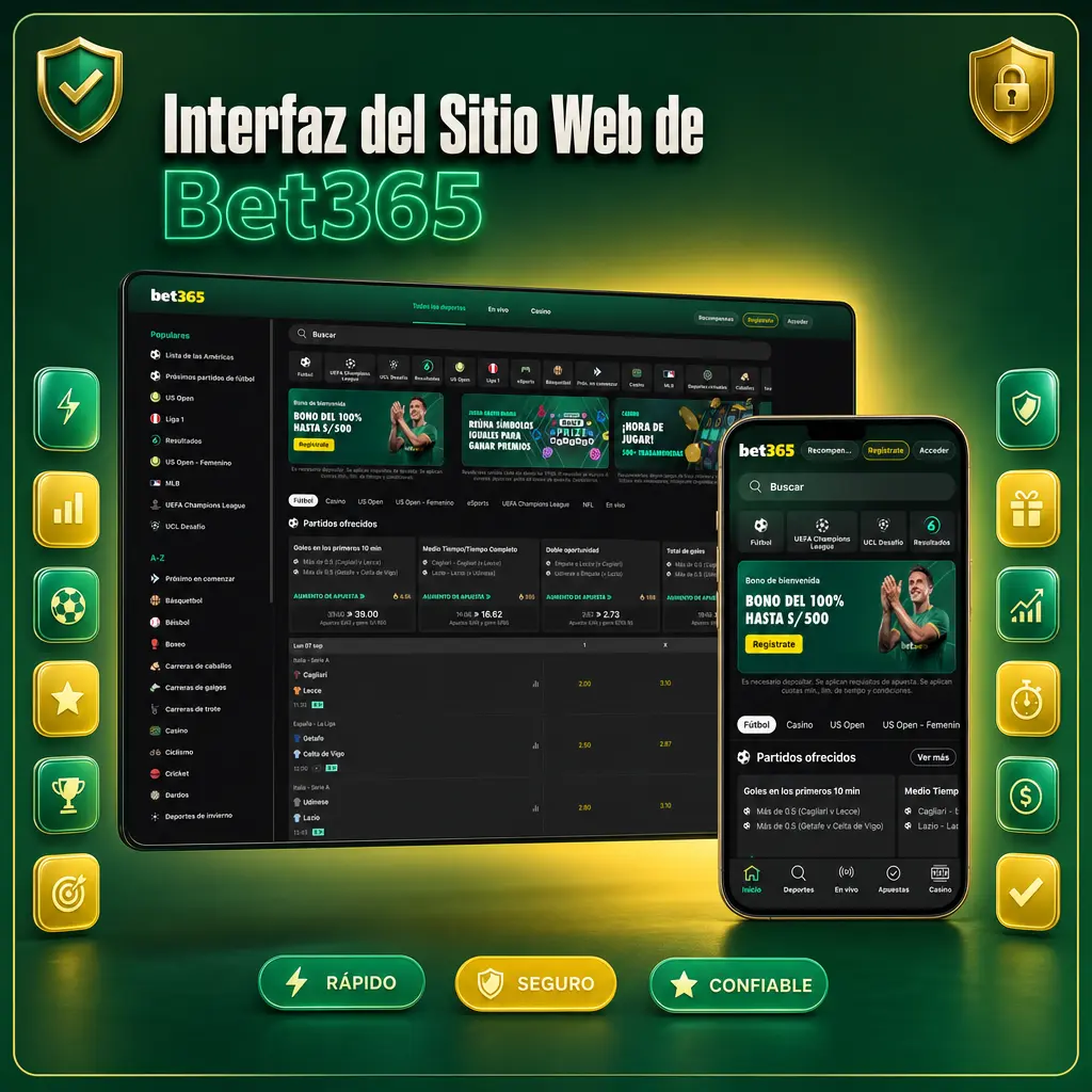 Interfaz del sitio web de Bet365 mostrando la barra de navegación con pestañas de Deportes, En Directo, Casino y Promociones