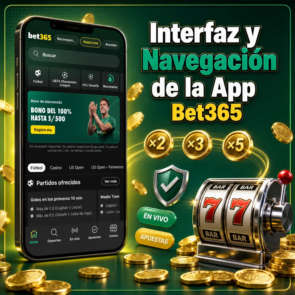 Interfaz de la app Bet365 con menú inferior: Apuestas Deportivas, Casino, Casino en Vivo y Mi Cuenta.