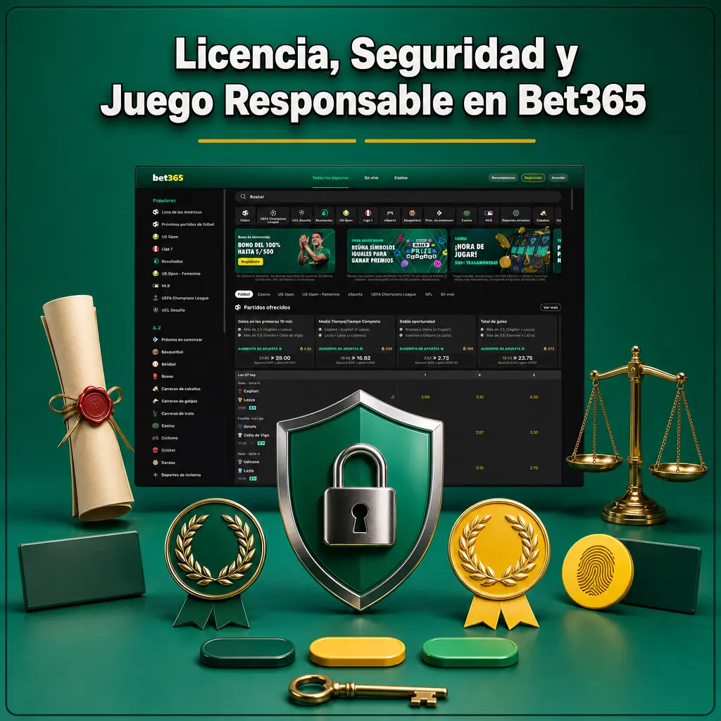 Licencia UKGC de Bet365, cifrado SSL de 128 bits y herramientas de juego responsable como autoexclusión y límites de depósito.