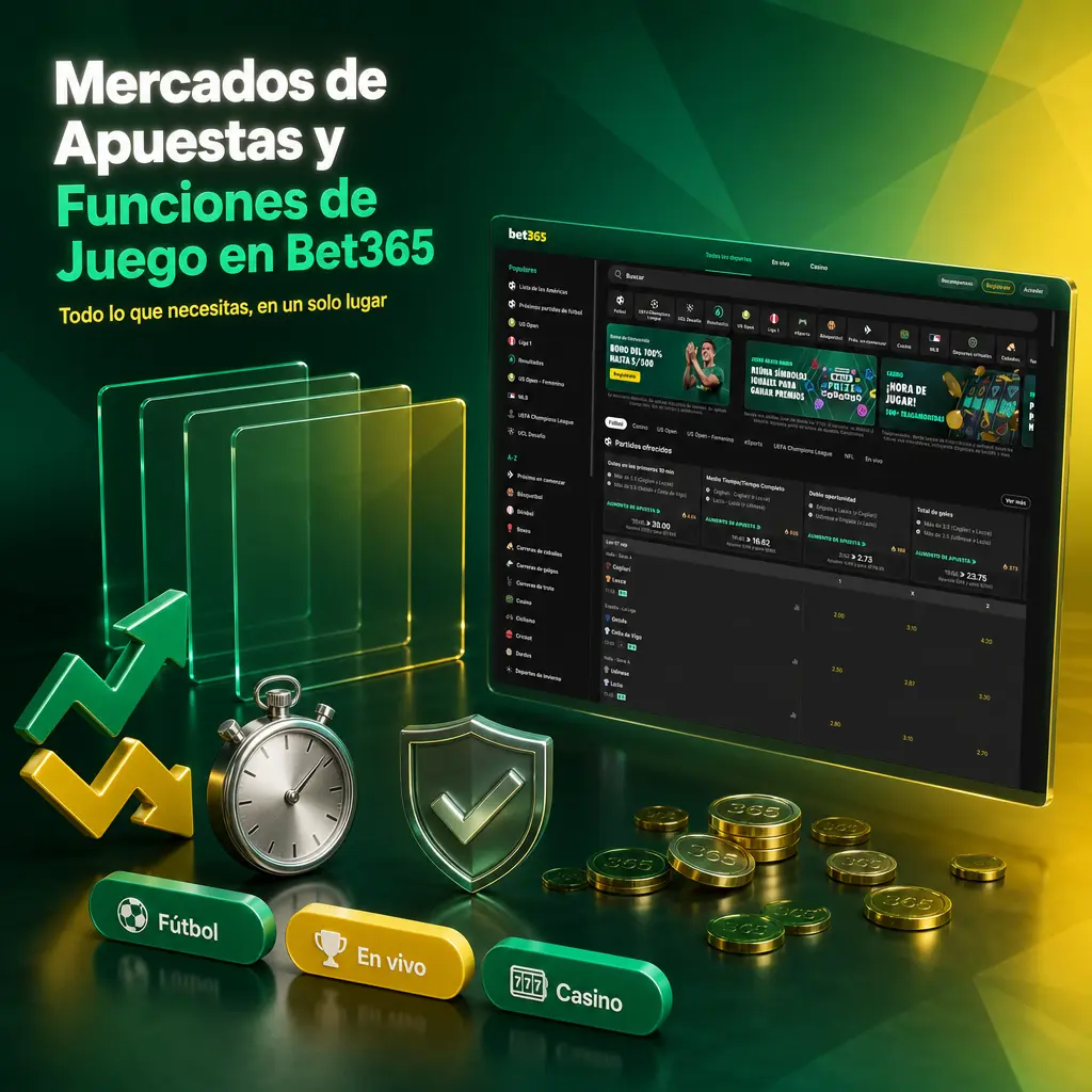 Mercados de apuestas antes del partido y en directo en Bet365, con cuotas editables y cupón de selecciones simples o múltiples.