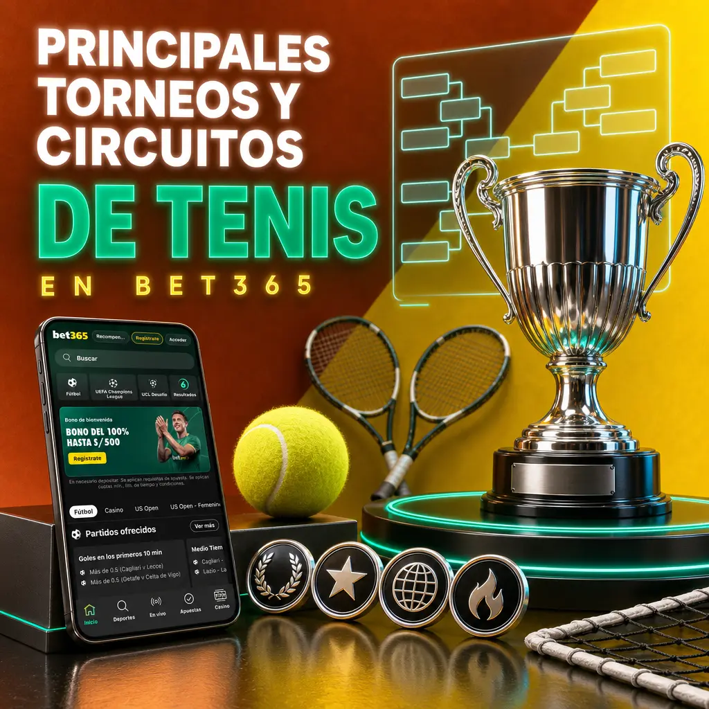 Grand Slams, ATP y WTA Tour disponibles para apostar en Bet365 durante la temporada 2026 de tenis profesional.