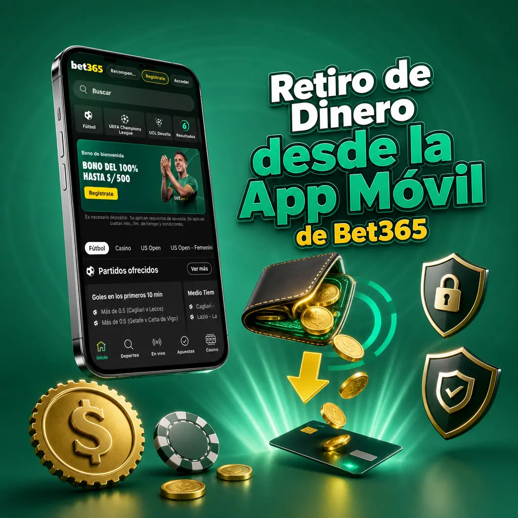 Pantalla de retiro de dinero en la app móvil de Bet365 mostrando el menú de cuenta y la opción para retirar fondos
